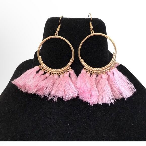 Boho Chic Hippie NWOT Light Pink Tassel Gold Tone Metal Hoop Earrings - Picture 5 of 10